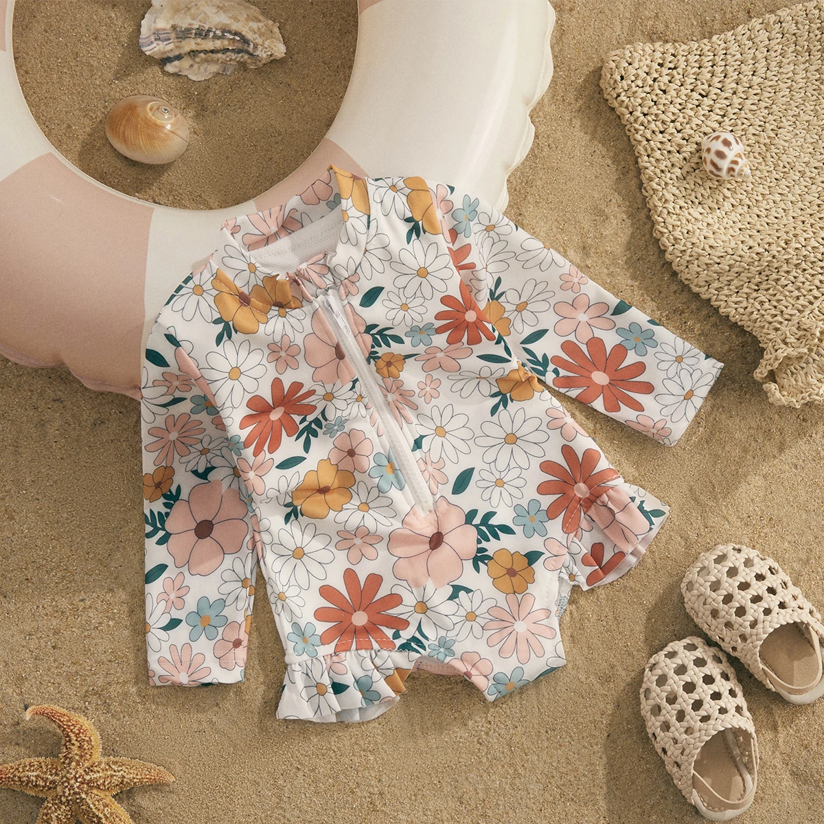 Ma&Baby 1-5Y Toddler Kid Baby Girls Swimsuit Children Floral Print Zipper Swimwear Long Sleeve Beachwear Summer Bathing Suit