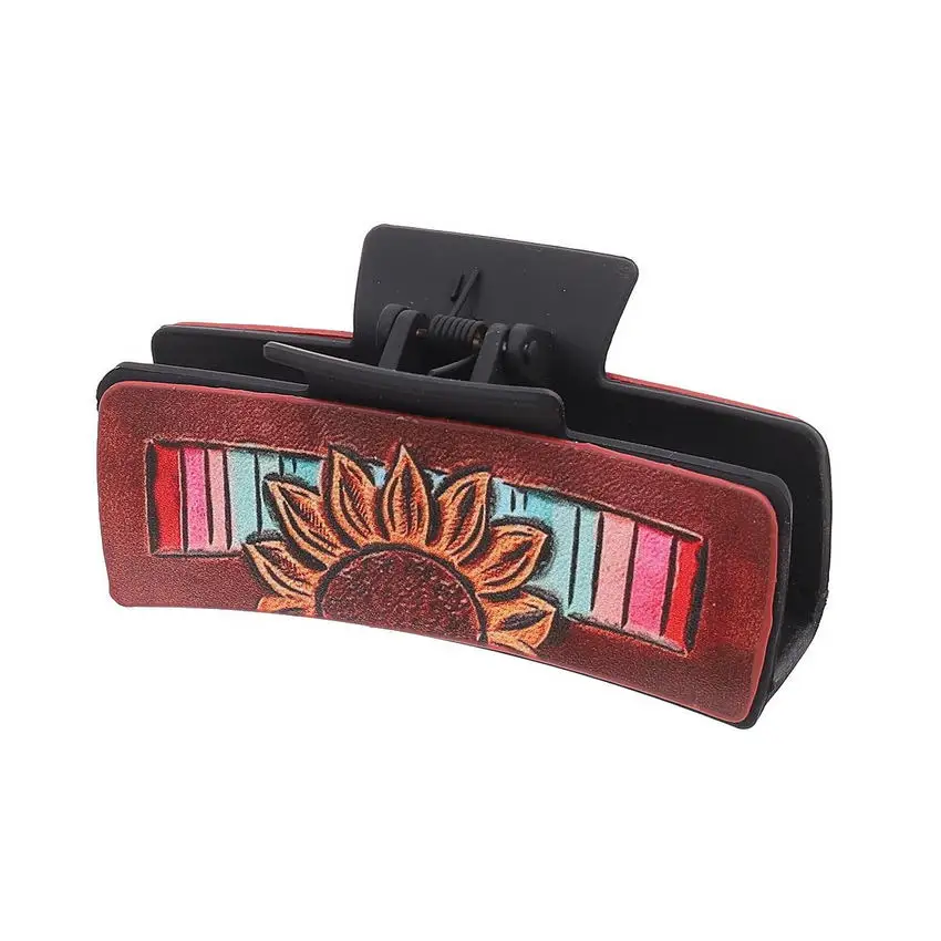 4 Inch Western Hair Claw Clip Faux Leather Sunflowers and Cactus Print Hair Accessory Clip for Women Cowgirl Jewelry Wholesale
