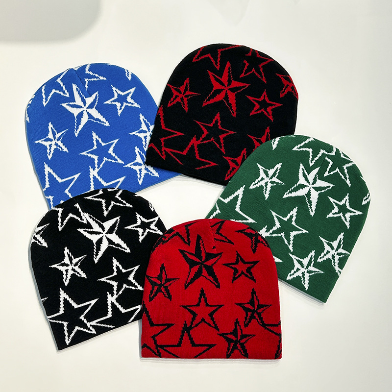Autumn Winter Star Pentagram Knitted Vintage Men's and Women's Woolen Hip Hop Print Beanie Hat Outdoor Sports Warm Cap