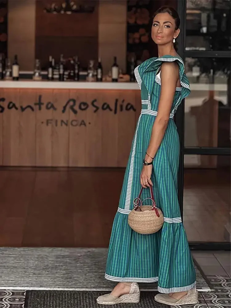 Vintage Plaid Flying Sleeve Shoulder Midi Dress Elegant Spliced Square Collar High Waist Vestidos Spring Street Female Robe 240315