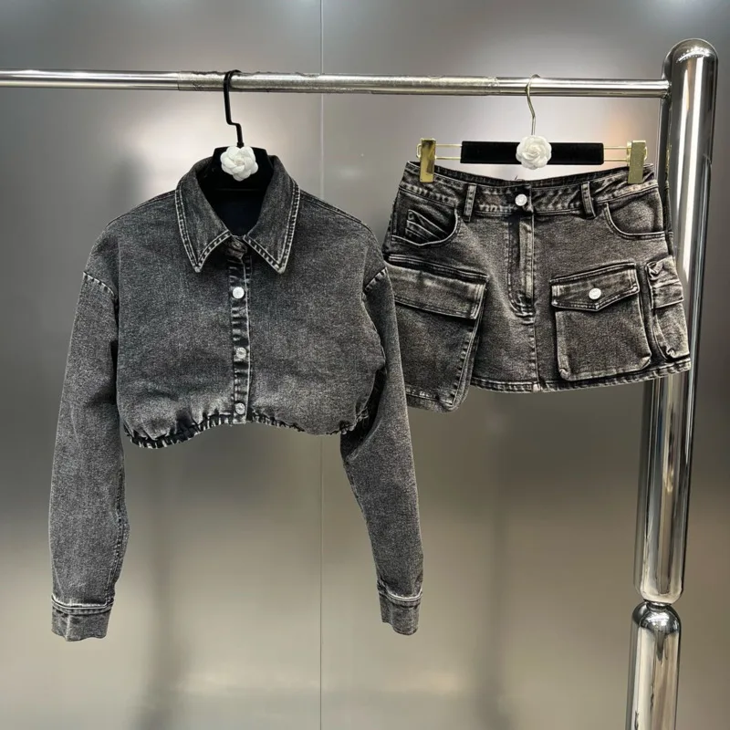 PREPOMP 2023 Spring Turn Down Collar 2025 Long Sleeve Short Grey Denim Jacket Double Pockets Mini Skirt Two Piece Set new Outfits GH318
