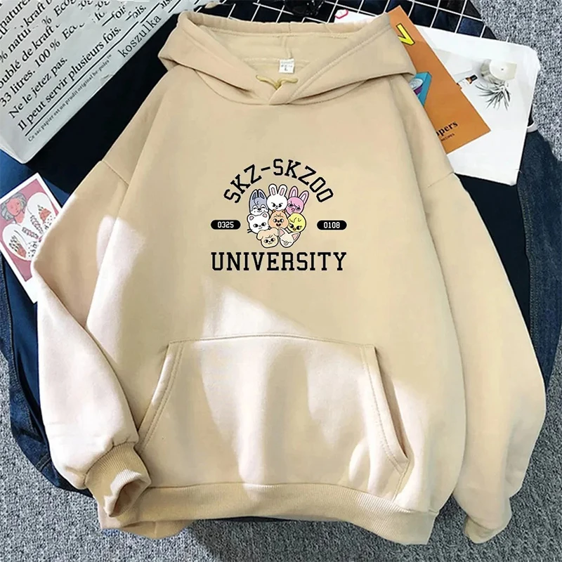 Skz-Skzoo Universitity Funny Print Hoodies Winter Fleece Sweatshirt Women Casual Pullover Hooded With Kangaroo Pocket Streetwear