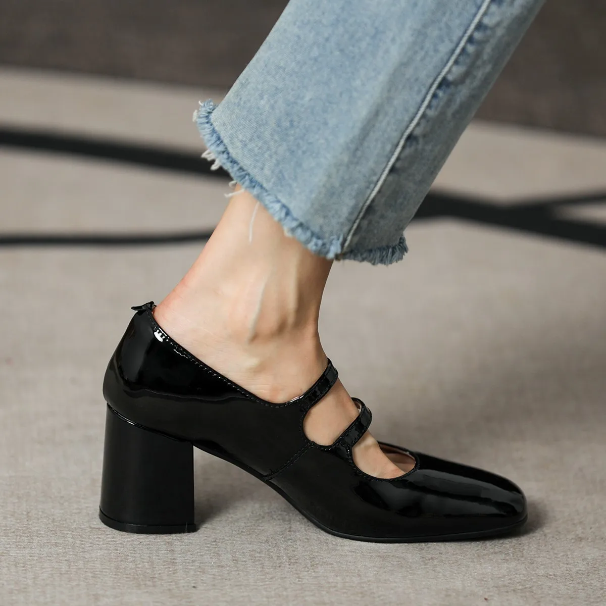 Women Pumps Mary Jane SquareToe Spring Atumn Patent Leather Pumps Two Straps Med Heel Elegant Women Round Toe Shoes