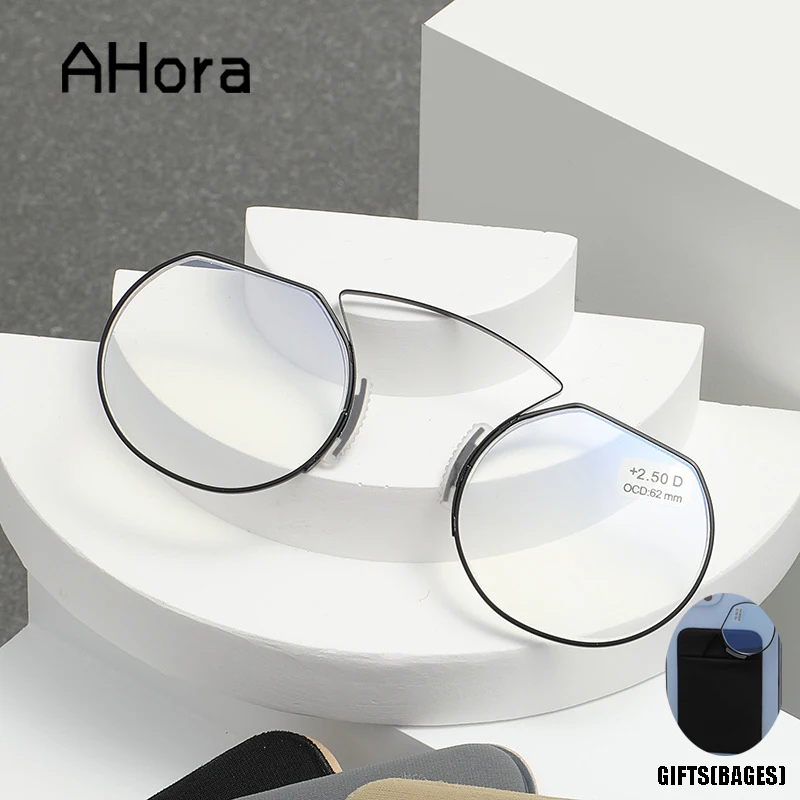 Ahora Portable Stick On Phone Reading Glasses Men Nose Clip Presbyopia Eyeglasses WIth Case Blocking Blue Light Ultralight