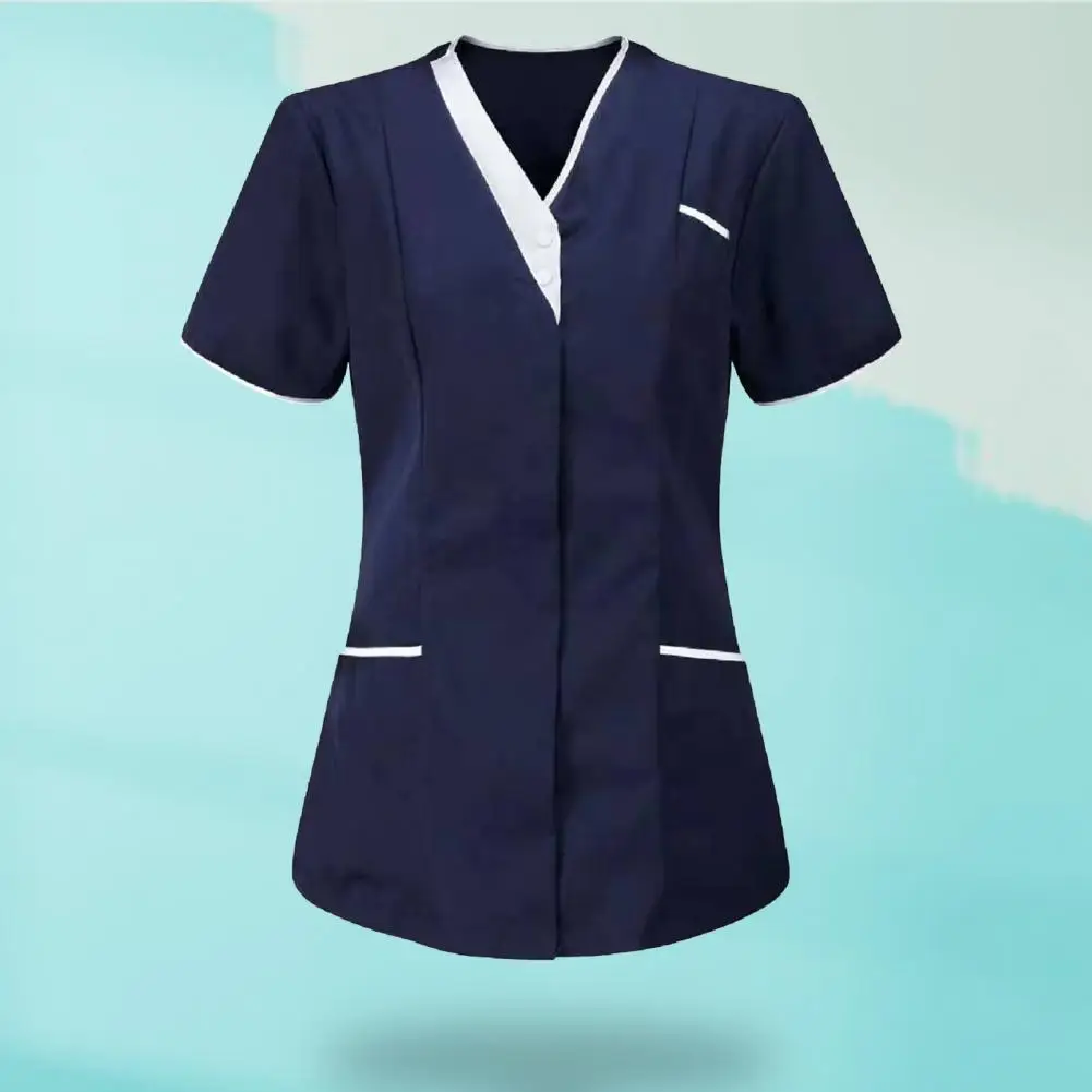 Blouse Casual new 2025 V Neck Buttons Working Uniform T-shirt Clothes T-shirt Short Sleeve Pockets Working Uniform for Worker