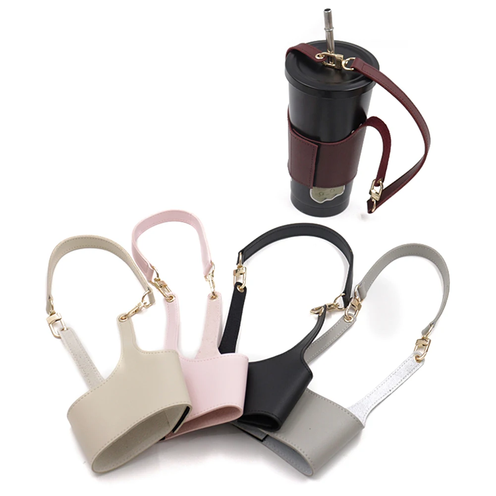 PU Leather Shoulder Crossbody Water Bottle Holder Mug Bag Adjustable Portable Coffee Cup Holder Chain Bottle Cover For Travel