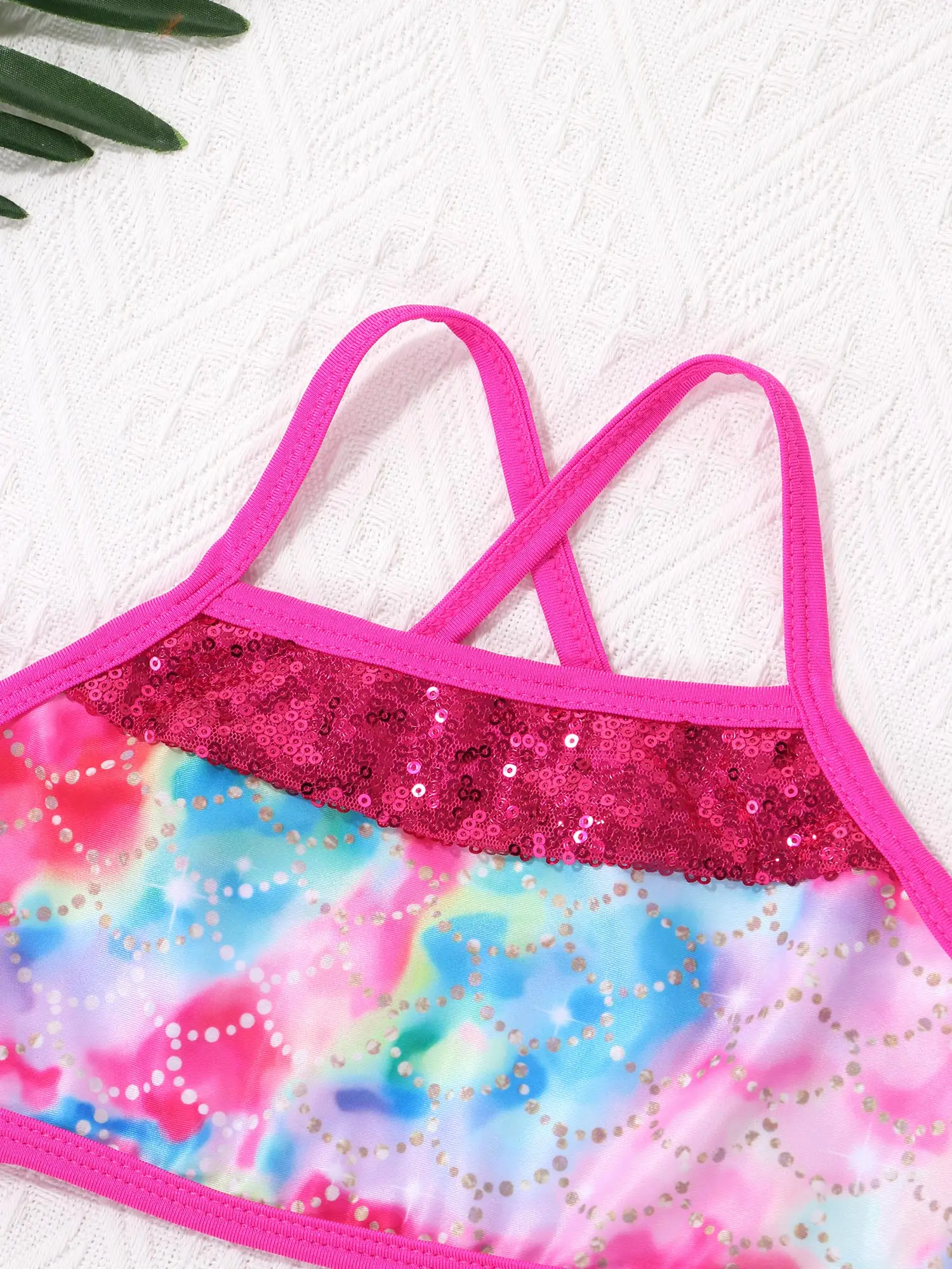 Kid Girls Two Pieces Swimwear Swimsuit Ballet Gymnastic Leotard Sequins Mermaid Printed Crop Tops with Short Sports Dance Outfit