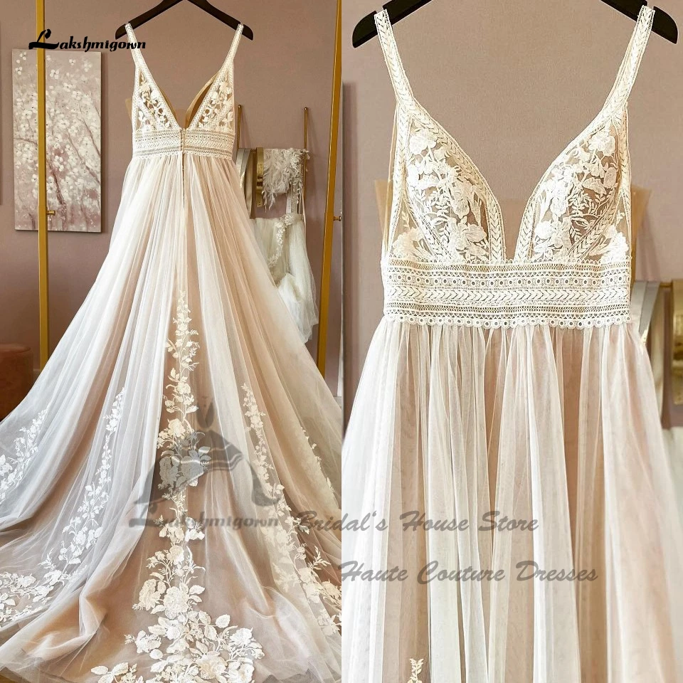 Lakshmigown Civil Boho new Champagne Wedding Dresses 2025 Spaghetti Straps 2024 Suknia Slubna Sexy Beach Bridal Gowns Lace Appliques