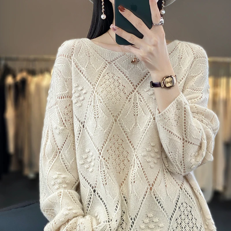 Spring and summer 2025 cashmere sweater thin pullover women's knitted hollow-out O-neck women's new pure wool sweater New products