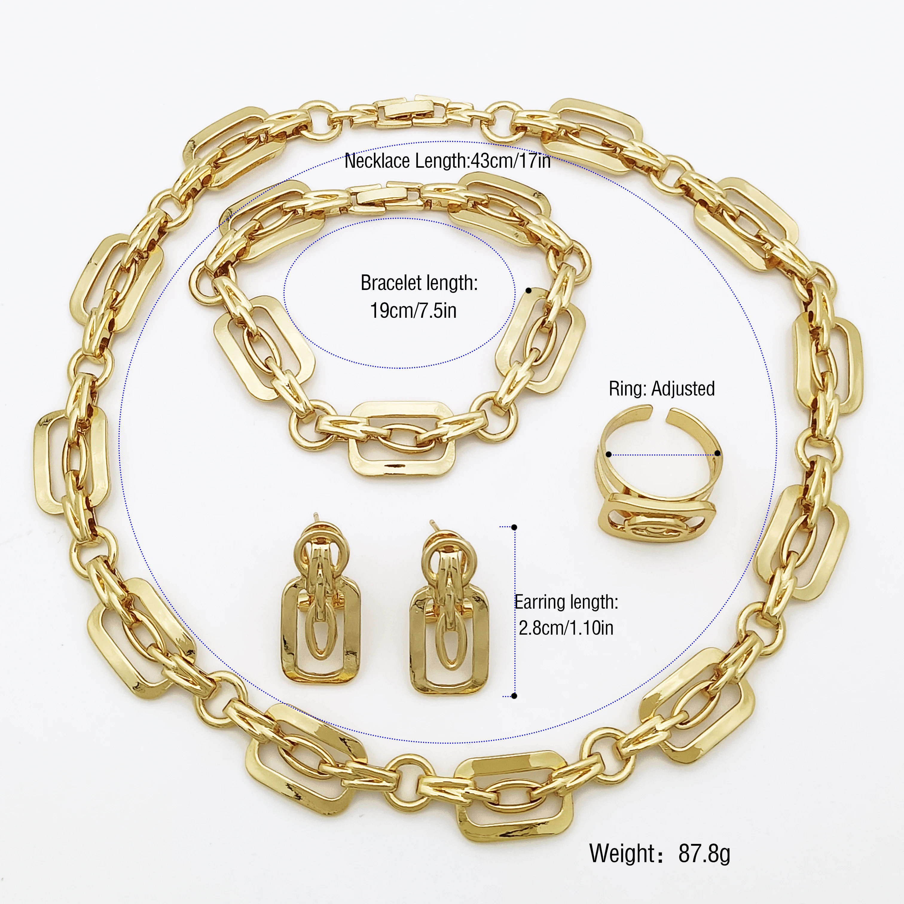 Dubai Jewelry Set For Woman 18k Gold Plated Necklace Jewelry Square Shape Chain Necklace Earring Ring Gift Daily Wear