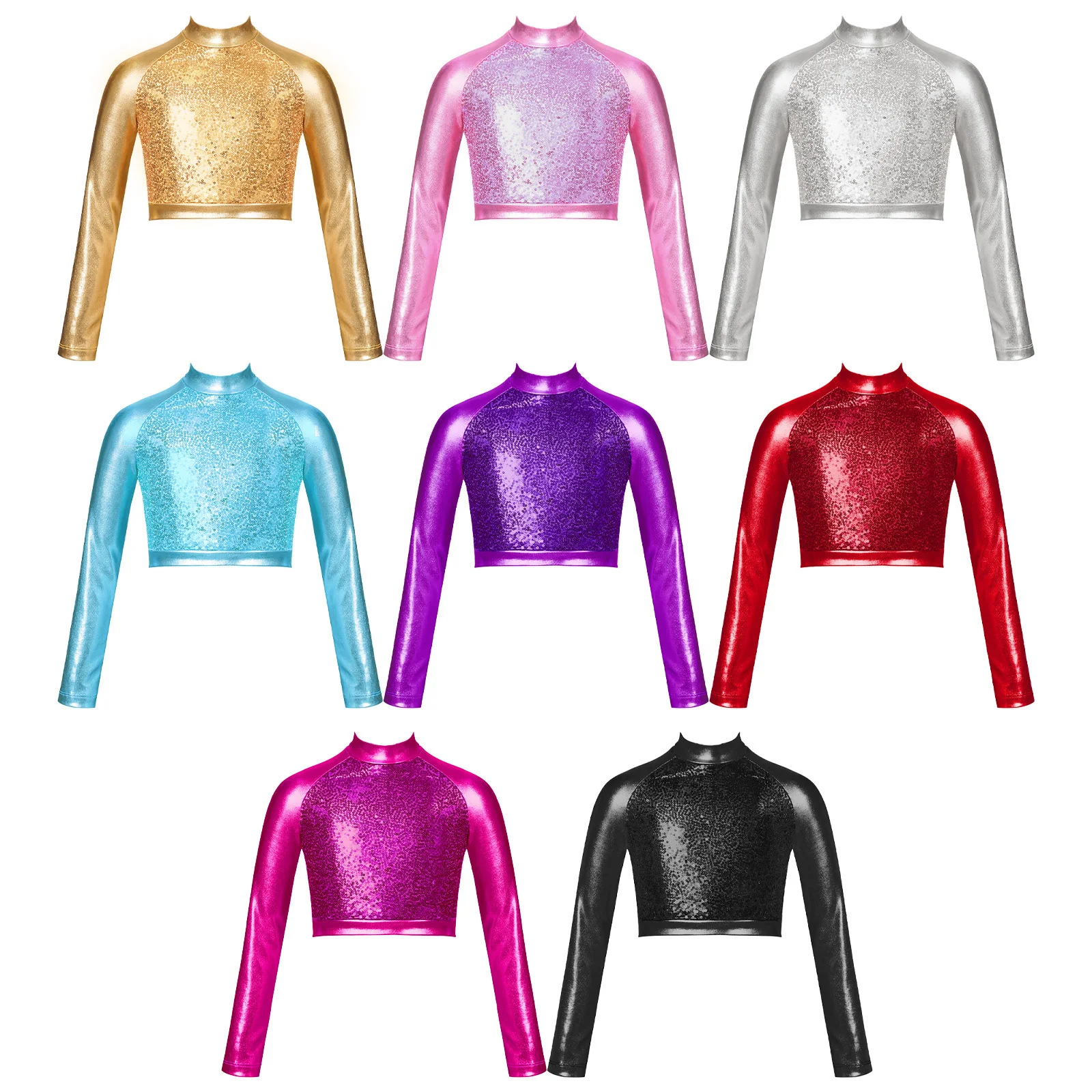 Kids Girls Shiny Metallic Crop Top Mock Neck Long Sleeve Front Sequin Fully Lined Athletic T-Shirts Jazz Hip-hop Dance Tops