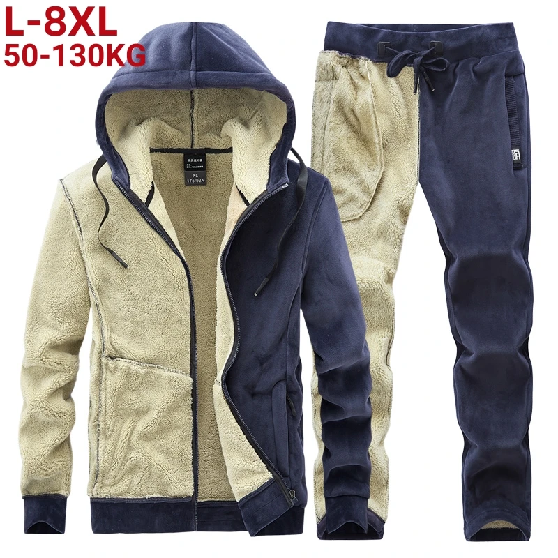 Winter Tracksuit Men Thick Warm Lamb Woolen Fleece Plus Size Hooded 2 Piece Set Jacket+pants Sportswear Casual Sweat Suits 8xl