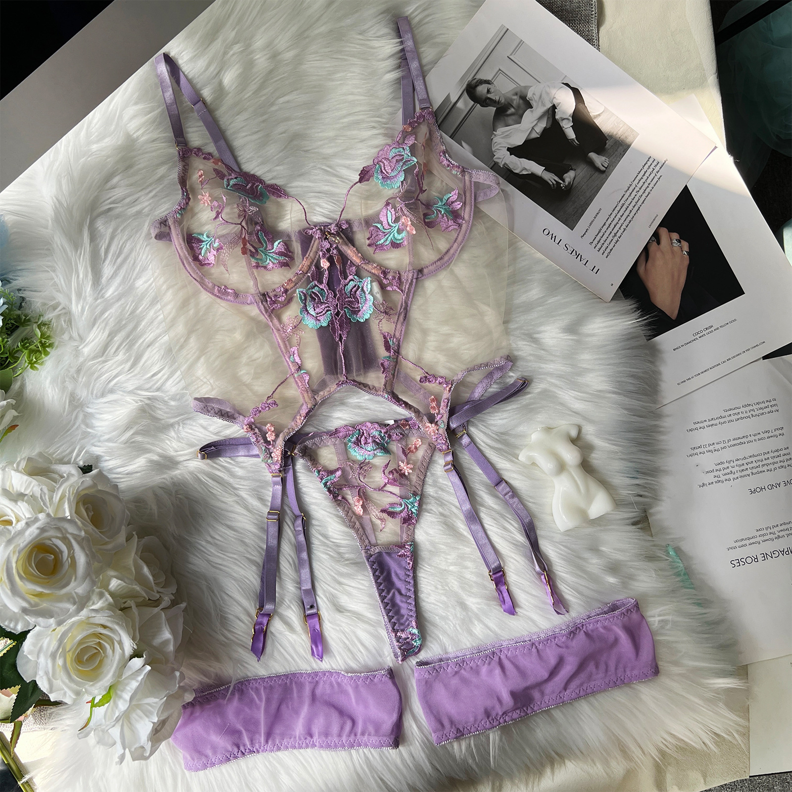 SexeLakas Mesh Lingerie Women Lace Floral Embroidery See Through Intimate Sensual Transparent Bra and Panty Set Sexy Costumes