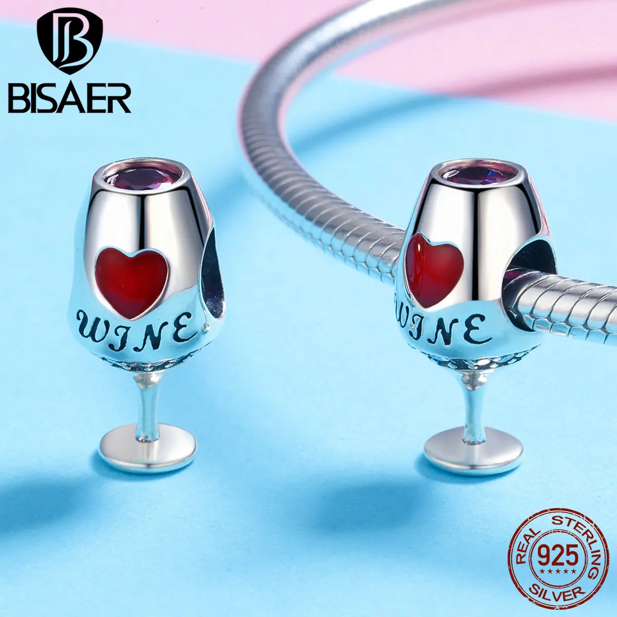 2025 BISAER Sterling Sier Red Wine Glass Rose new Charm Bead Cherry Fruit Pendant Fit Girl Bracelet&Necklace DIY Fine Jewelry Gift