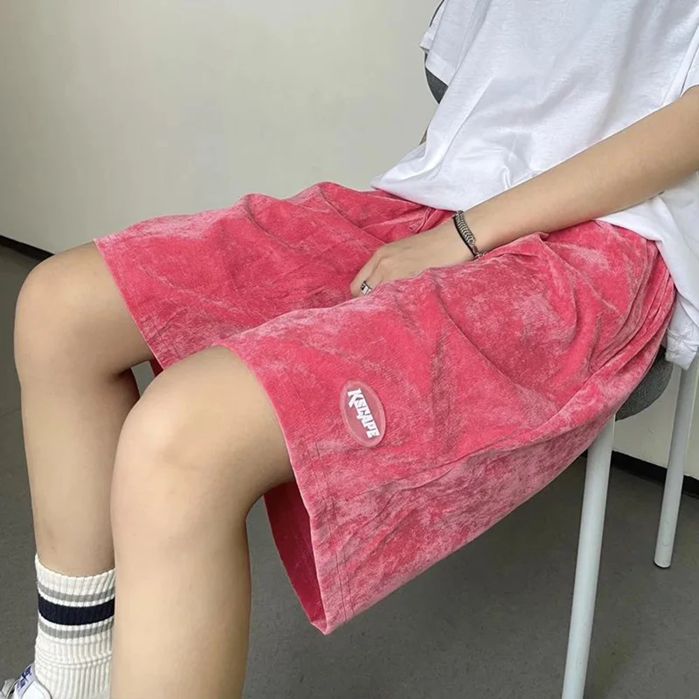 Summer New Corduroy Pink Shorts Men's Trend New Streetwear Loose Elastic Waist Short Trousers Casual Pants LGBT Men's Clothing