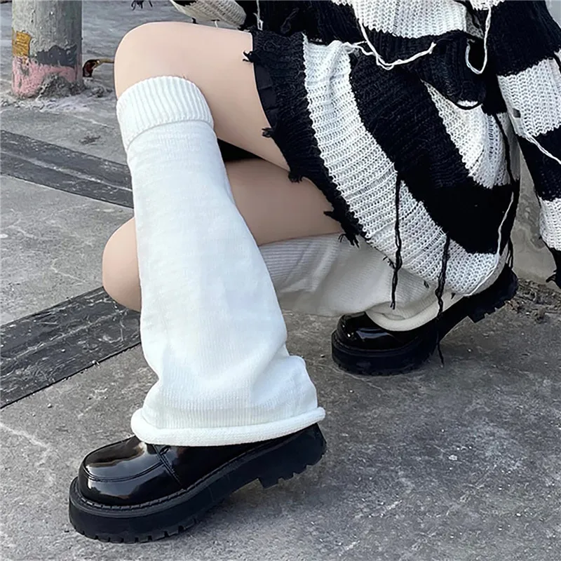 Japanese Y2k Lolita Leg Warmer Socks Black White Leggings Kawaii Knitted Long Socks Boot Cuffs Warm Foot Cover Ankle Warmers