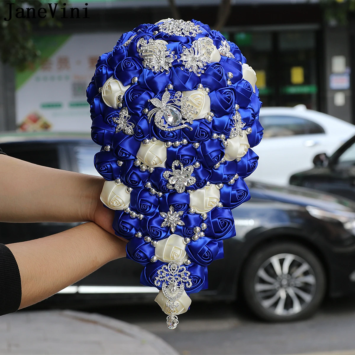 JaneVini Royal Blue Cascading Wedding Bouquets with Silver Crystal Jewelry Handmade Beaded Satin Rose Waterfall Bridal Flowers
