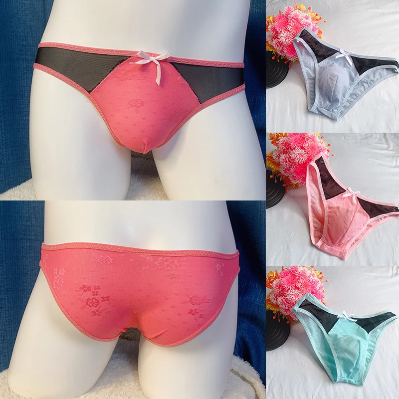 Men Sexy Briefs Sheer Bugle Pouch Underwear Panties Lace Ultra-Thin Low 2025 Rise new Jacquard Lingerie Soft Bownot Sissy Underpants