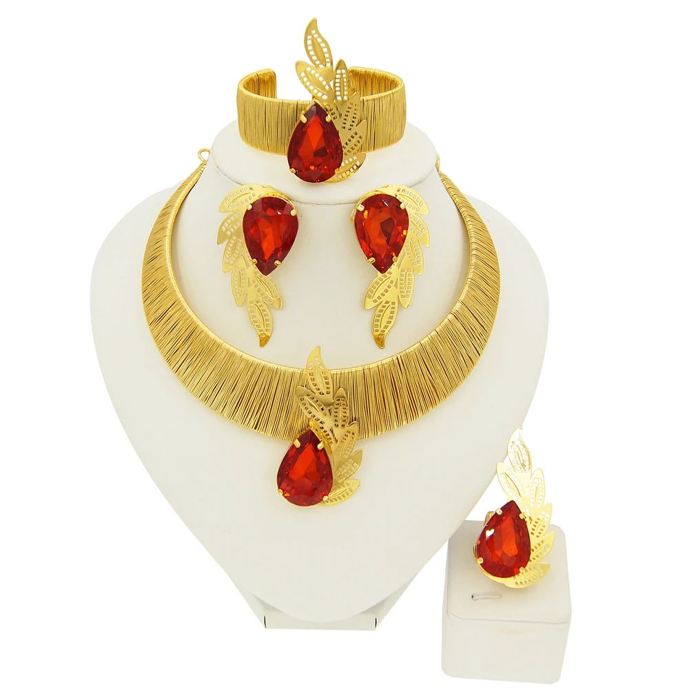 Classic Brazilian Gold Style Woman Jewelry Set Original Gold Plated 24K Necklace Luxury Ruby Pendant Earrings Bracelet SYHOL