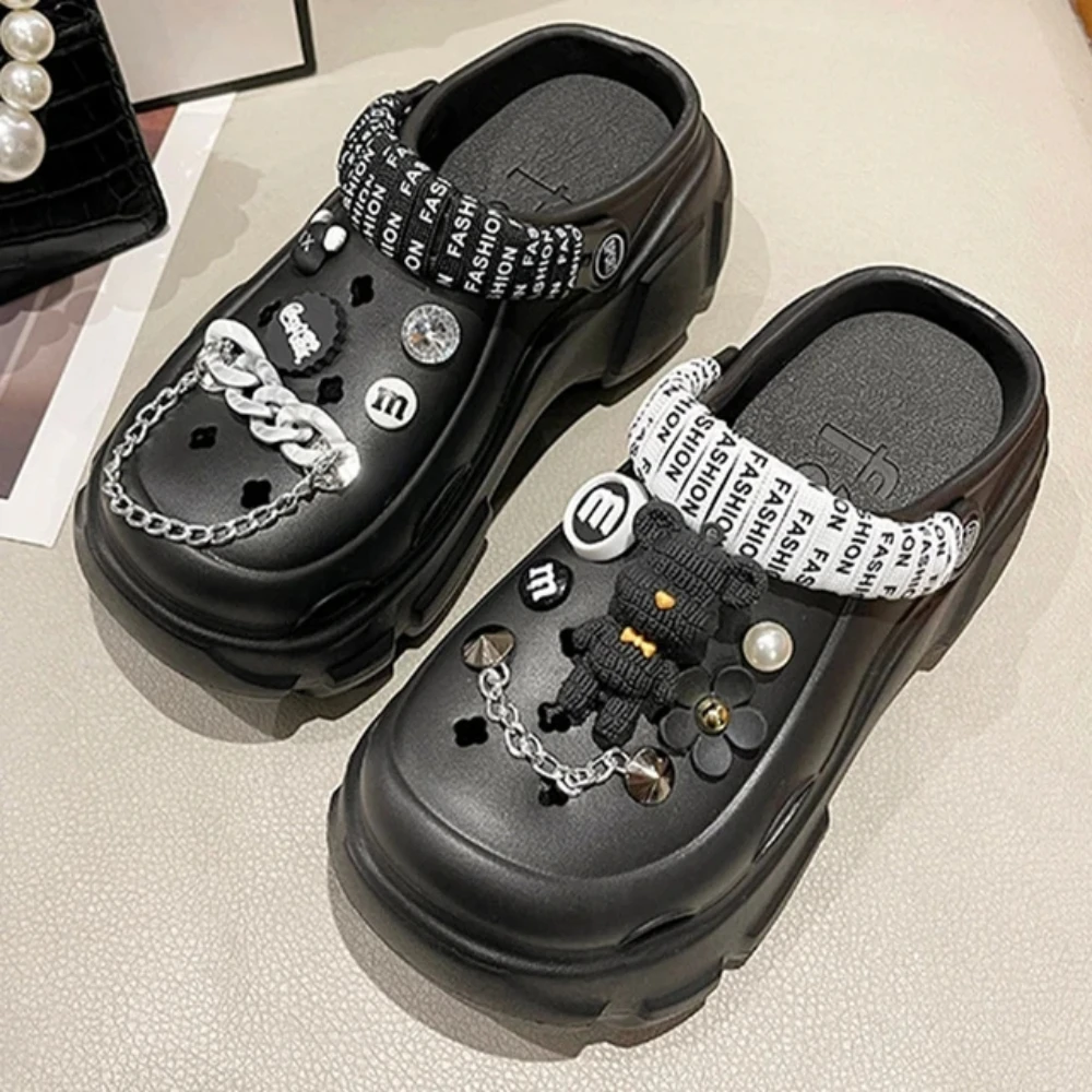 Bling Pearls Diamond Cute Bear Decor Vented Clogs Slides 7CM Platfrom Outdoor Beach Sandals Summer Girls Slippers Women Shoes