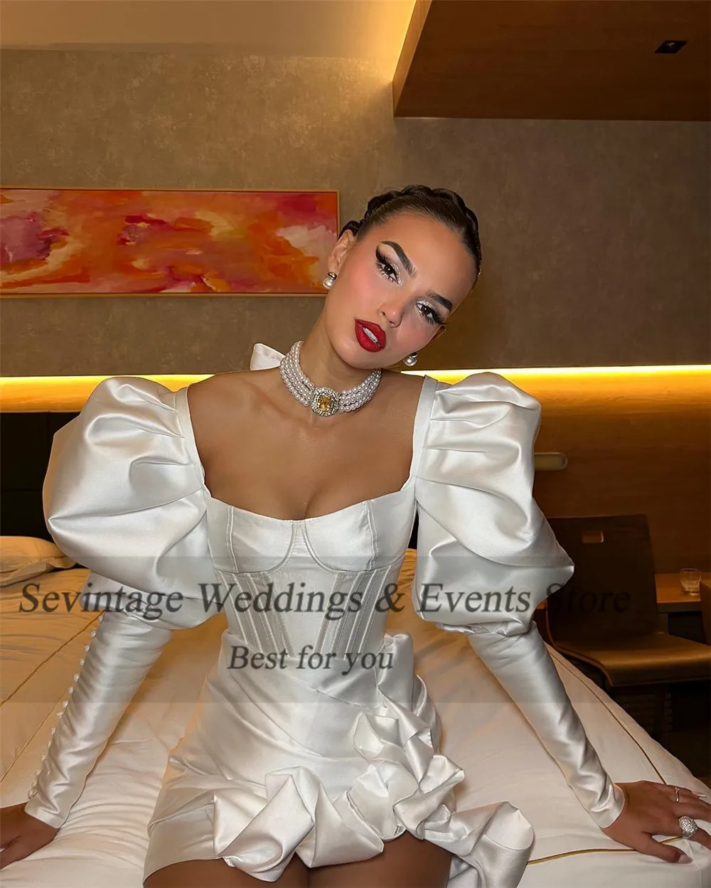 Sevintage Civil 2025 Satin Sheath Wedding Dresses For Women new Mermaid Long Lantern Sleeves Pleated Above Knee vestidos novias boda 2024