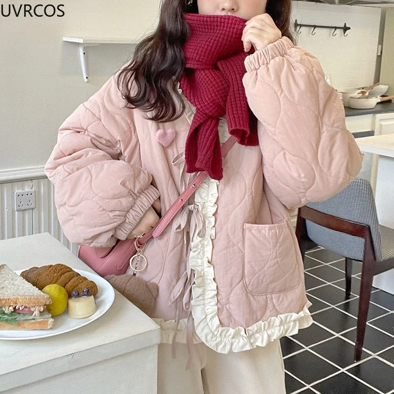 Korean new Style Cute 2025 Loose Warm Winter Jacket Women Chic Ruffle Neck Sweet Parkas Overcoat Japanese Haruku Kawai Padded Coat 2023