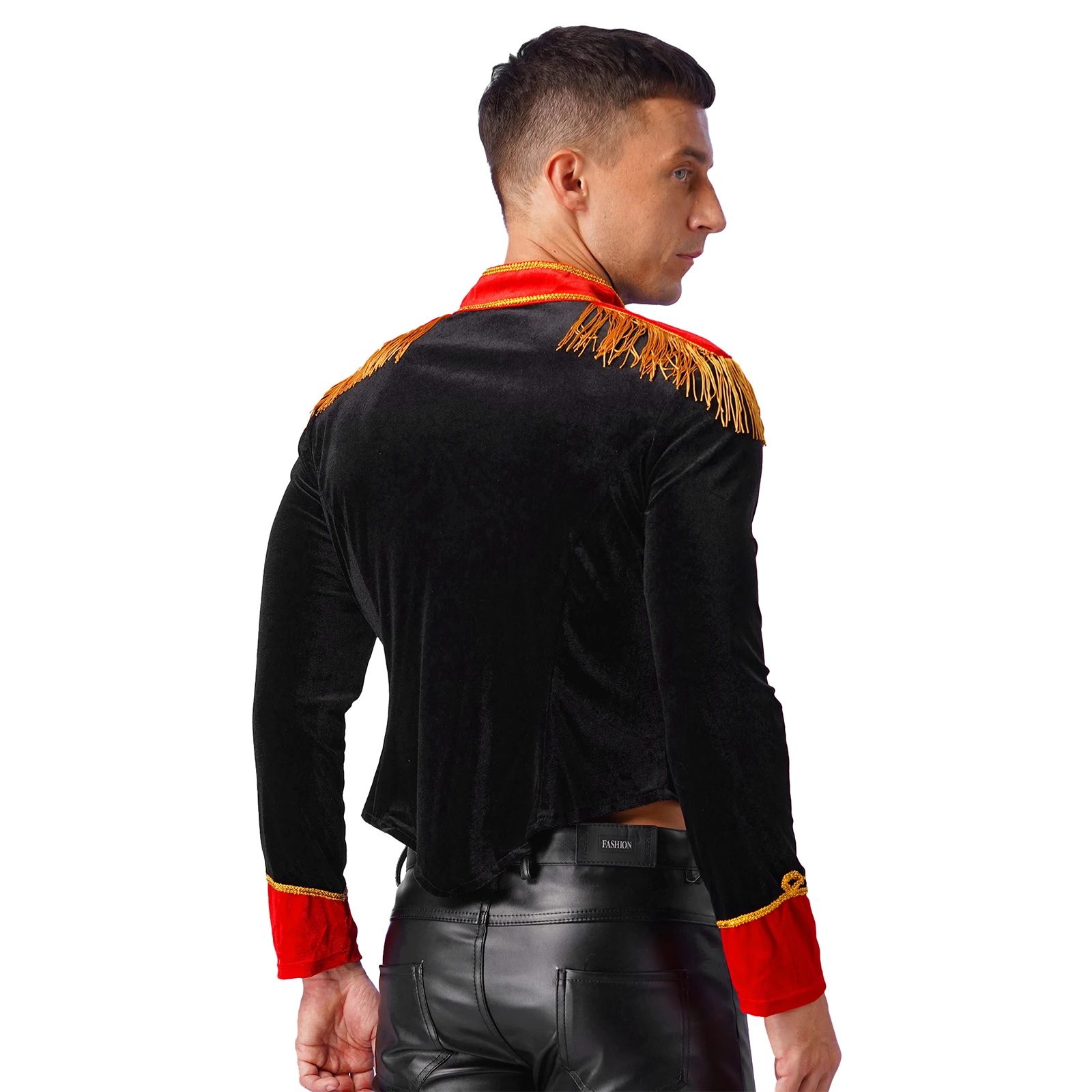 Mens Circus Ringmaster Roleplay Costume Halloween Circus Cosplay Costume Stand Collar Fringed Shoulder Board Velvet Jacket Coat