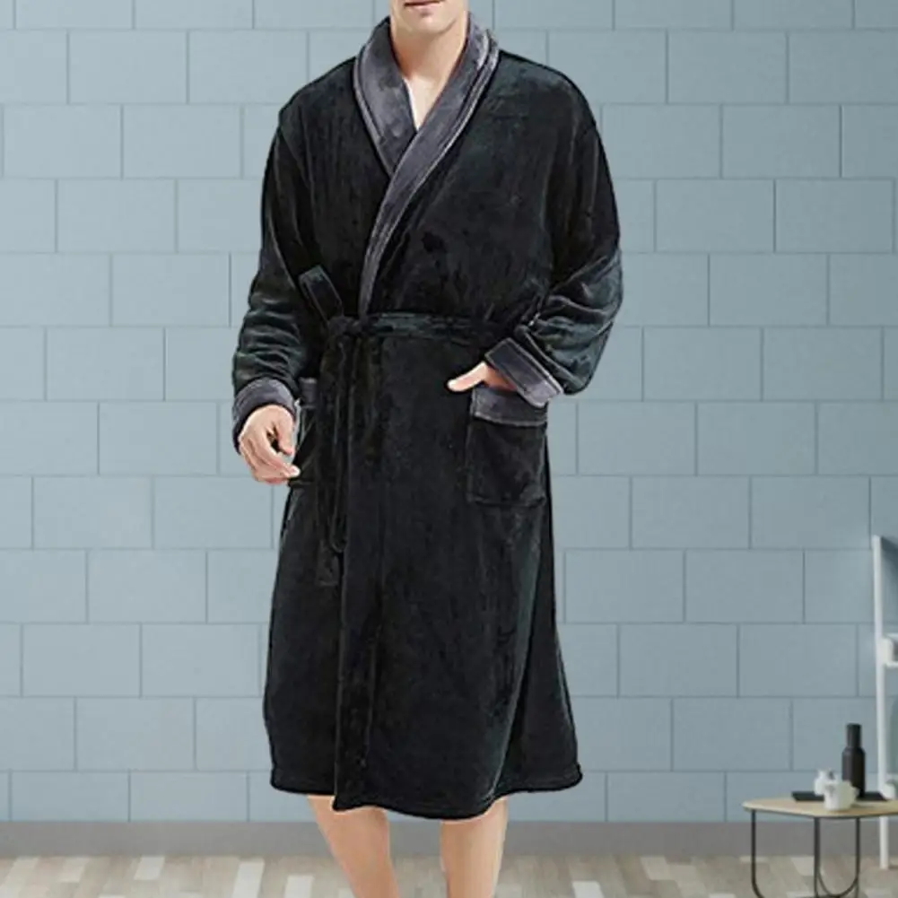 Men Winter Nightgown Thick Plush Print Coral Fleece Long Sleeve Tie Waist Pockets Homewear Sleepwear Robe Bathrobe