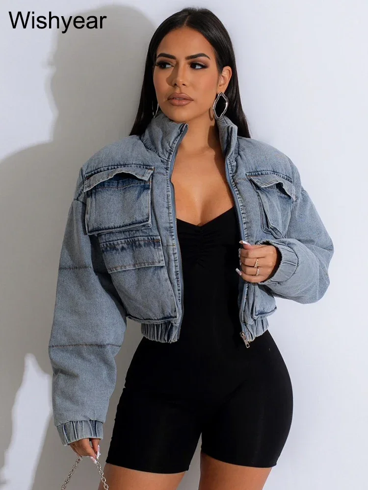 Autumn Winter Stand Collae Long Sleeve Streetwear Jean Coat Club Outfits for Women Vintage Birthday Pockets Denim Parkas Jackets
