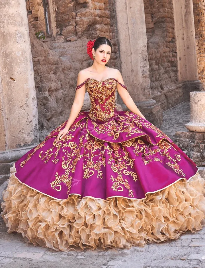 Fuchsia Gold Charro Quinceanera Dresses Ball Gown new Off The Shoulder Appliques 2025 Mexican Sweet 16 Dresses 15 Anos
