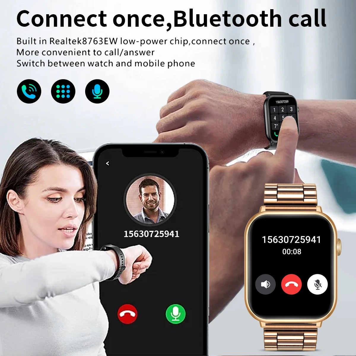 LIGE 2023 Men Smart Watch Women Bluetooth Call Watches 1.96'' Smartwatch for Android,iOS Rose Gold Luxury Ladies New Wristwatch