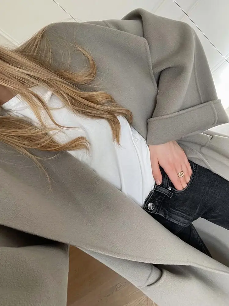 Split Wool Blends Long Overcoat Female's Solid Lapel Cardigan Maxi Coat 2023 Autumn Long Sleeve Ladies Street Chic Outerwear