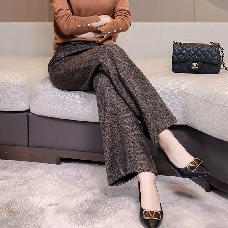 2023 Autumn Winter Women Retro Tweed Wide-leg Pants Female Loose Straight Trousers Ladies High Waist Casual Woolen Pants F66