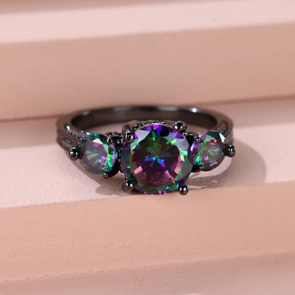 Mystic Rainbow Fire Zircon Round Wedding Bands Black Gold Color Vintage Female Promise Engagement Rings For Women Party Jewelry