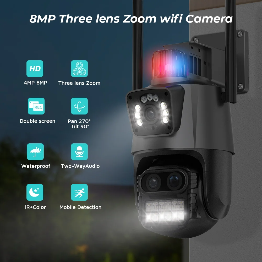 4K 8MP WIFI Camera Outdoor 8X Zoom Three Lens Dual Screen Audio Home Security PTZ Camera Auto Tracking CCTV Video Surveillance
