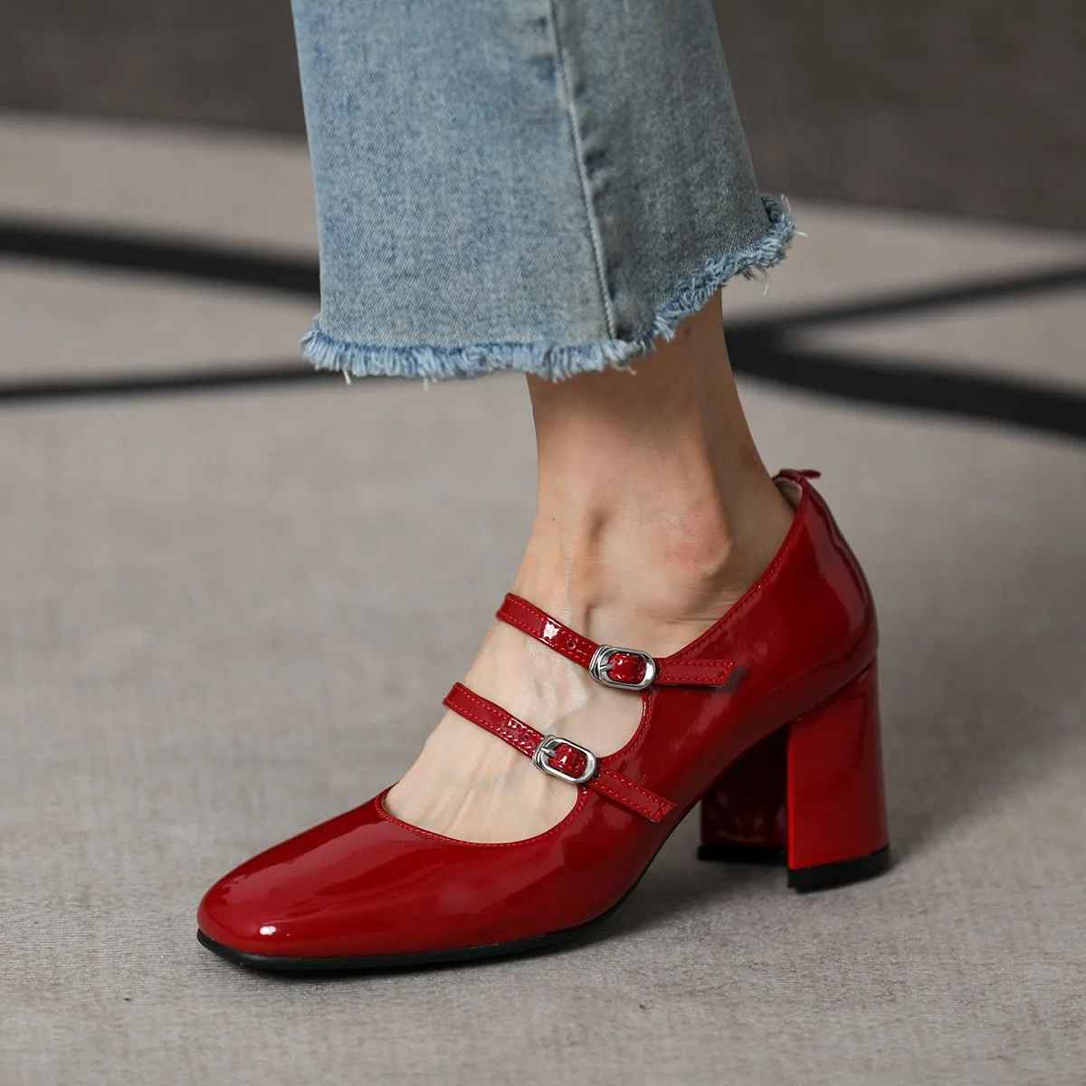 Women Pumps Mary Jane SquareToe Spring Atumn Patent Leather Pumps Two Straps Med Heel Elegant Women Round Toe Shoes