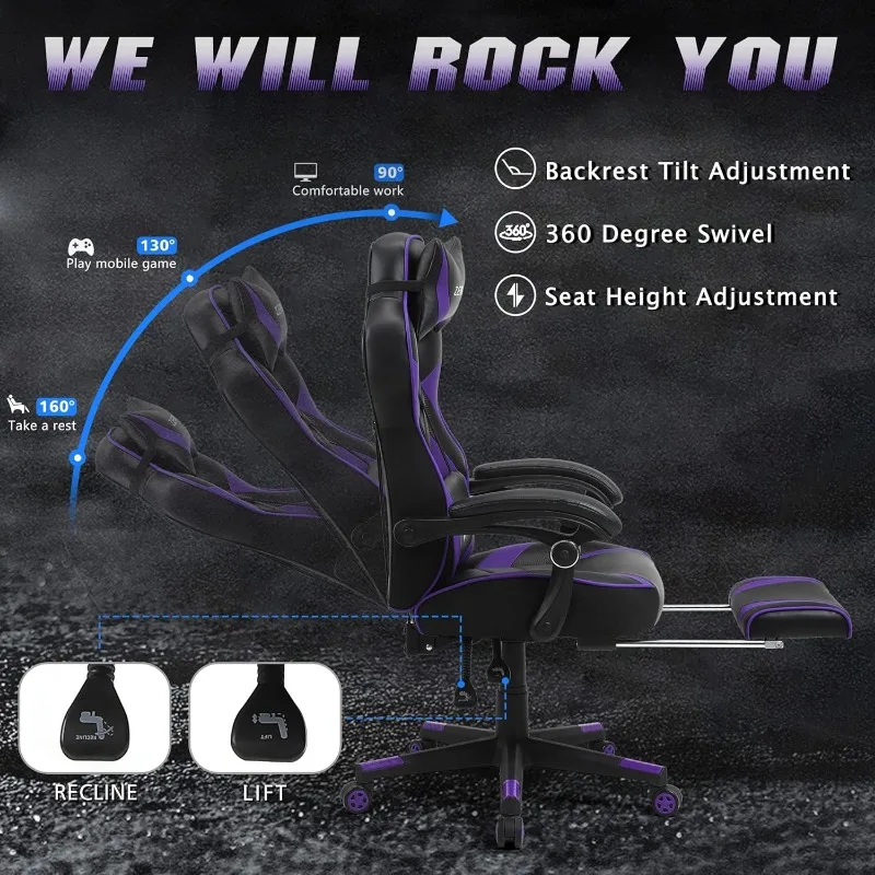 Zeanus Purple Gaming Chair Reclining Computer Chair with Footrest High Back Gamer Chair with Massage Large
