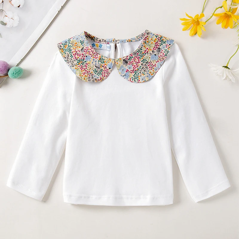 Casual Kids new Baby Girls T-shirt Spring Doll Collar Baby Girls Long Sleeve 2025 Solid Color T-shirt Children's Clothes 1-5Yrs