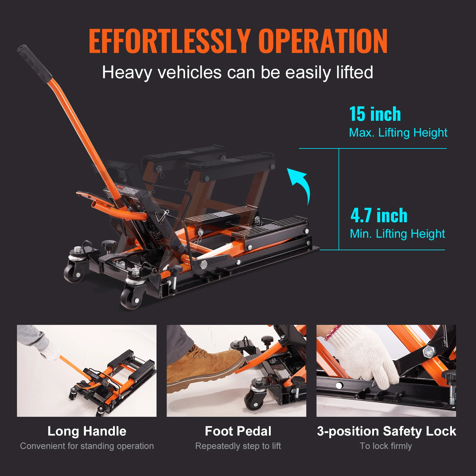 VEVOR Steel Hydraulic Motorcycle Jack Stand, 1500 LBS ATV Scissor Lift Jack, 4.7"-15" Scissor Lift Jack Stand with 4 Wheels