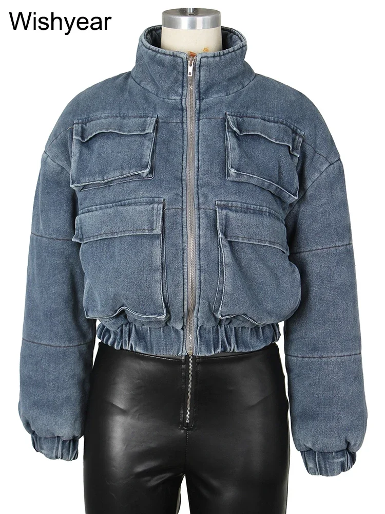 Autumn Winter Stand Collae Long Sleeve Streetwear Jean Coat Club Outfits for Women Vintage Birthday Pockets Denim Parkas Jackets