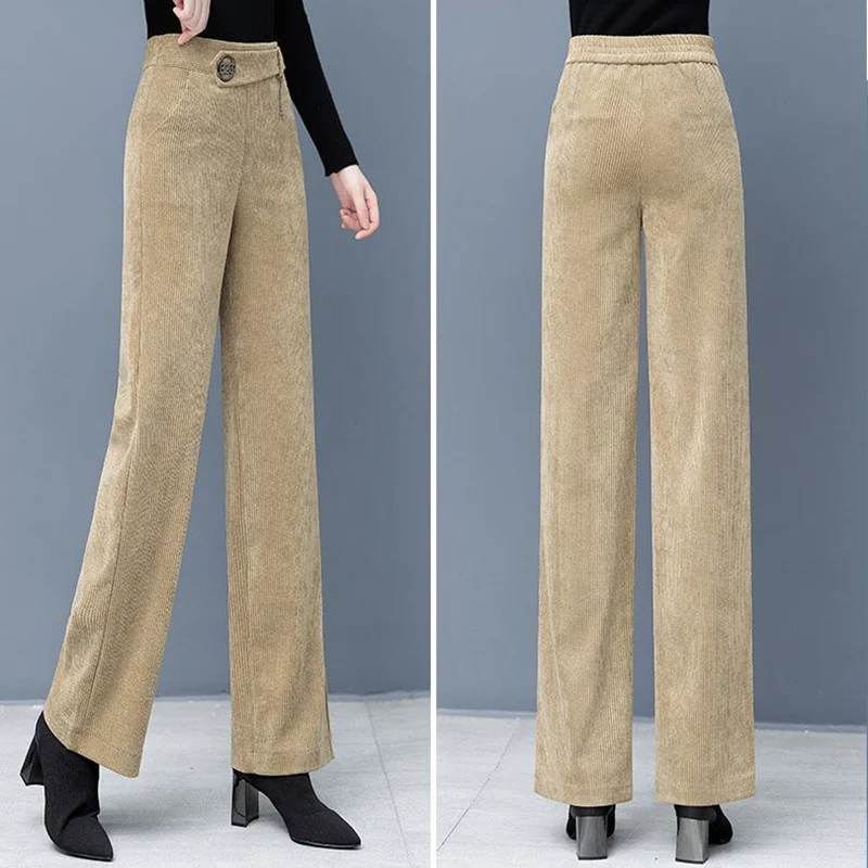 Winter Thick Corduroy Pants Elegant Women Office Work Warm Elastic High Waist Wide Leg Pant plush Velvet lined Baggy Pantalon