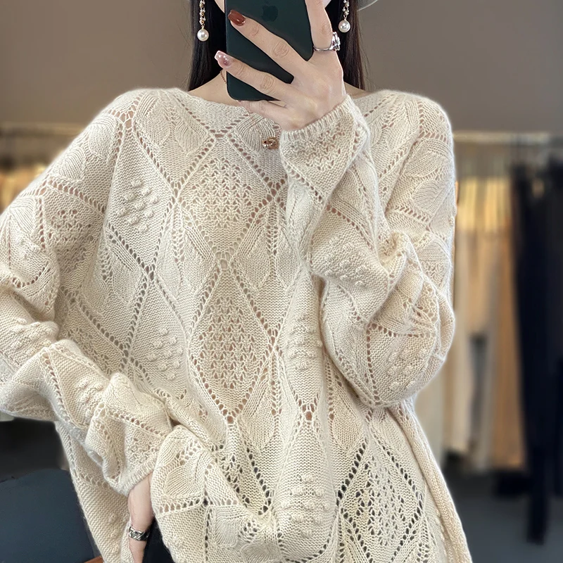 Spring and summer 2025 cashmere sweater thin pullover women's knitted hollow-out O-neck women's new pure wool sweater New products