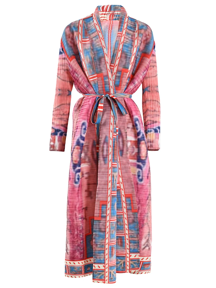 LANMREM Retro Pleated new Trench Coat For Women Long Sleeves Printing Open 2025 Coats Casual Outdoor Clothing 2024 New 32D891