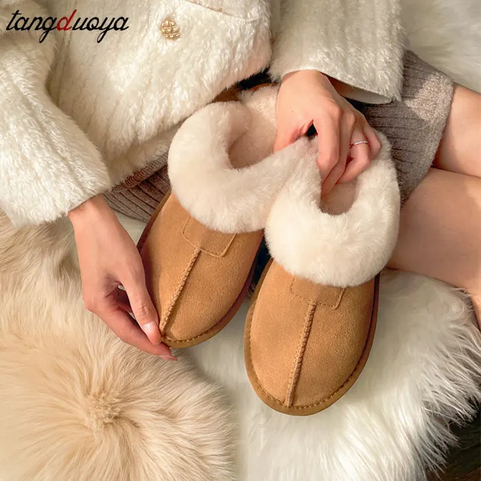 Women Winter Top Quality Natural Cowhide Home Slipper Winter Lady Indoor Soft Wool Fur Slippers Female House Warm Shoes