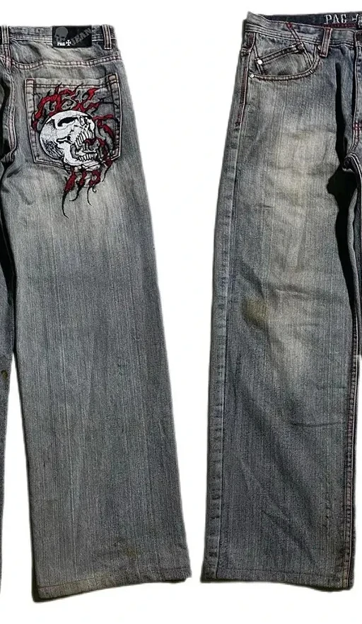Skull Embroidered Baggy Jeans Y2K Jeans Mens Hip Hop Retro Denim Pants New Gothic High Waist Wide Trousers Streetwear Men New