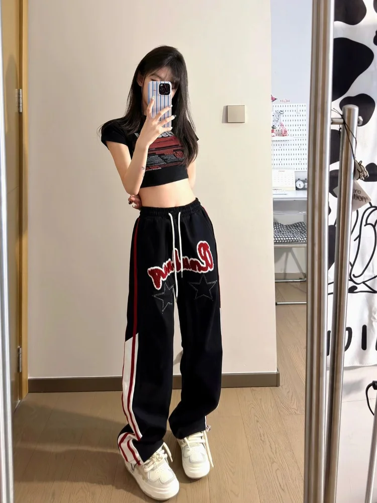 HOUZHOU Hippie Vintage Star 2025 new Baggy Pants Women Y2K Retro Streetwear Letter Embroidery Striped Sweatpants Haruku Oversize Jogger