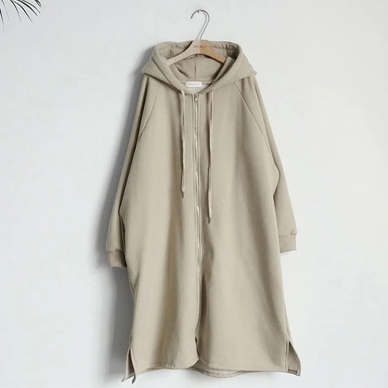 2023 Autumn Woman Long Coat Lady Loose Casual Grey Black Almond Blue Women's Hoodies Coat New Hoody Zip Up Pockets Long Sleeves