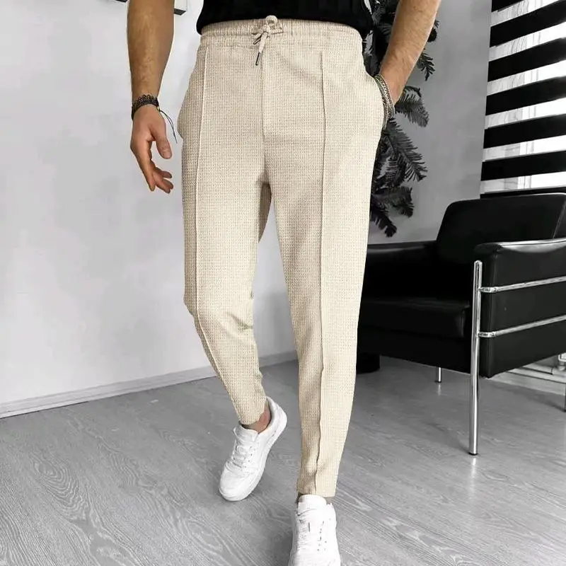 Autumn new and Winter Men's Casual 2025 Pants Waffle Elastic Waist Jogging Pants Men's Black Grey Pants