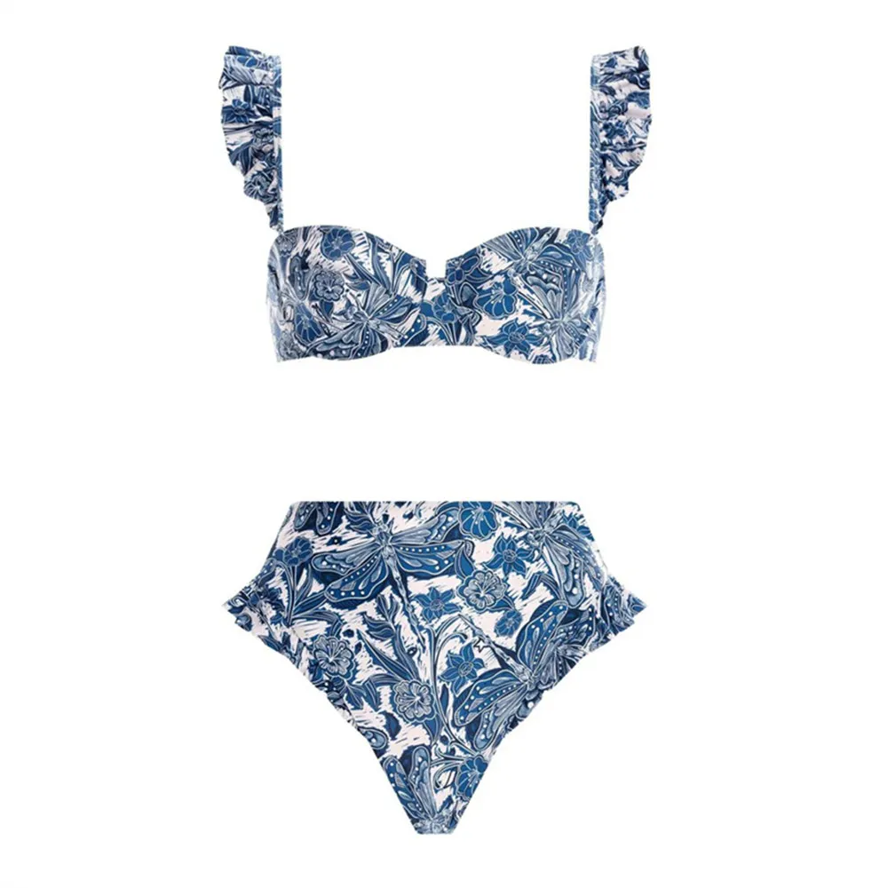Designer 2023 Women Sexy blue-and-white porcelain Print Bikini Set Skirt Cover Up Swimwear Lace Up Swimsuit Beachwear Biquini