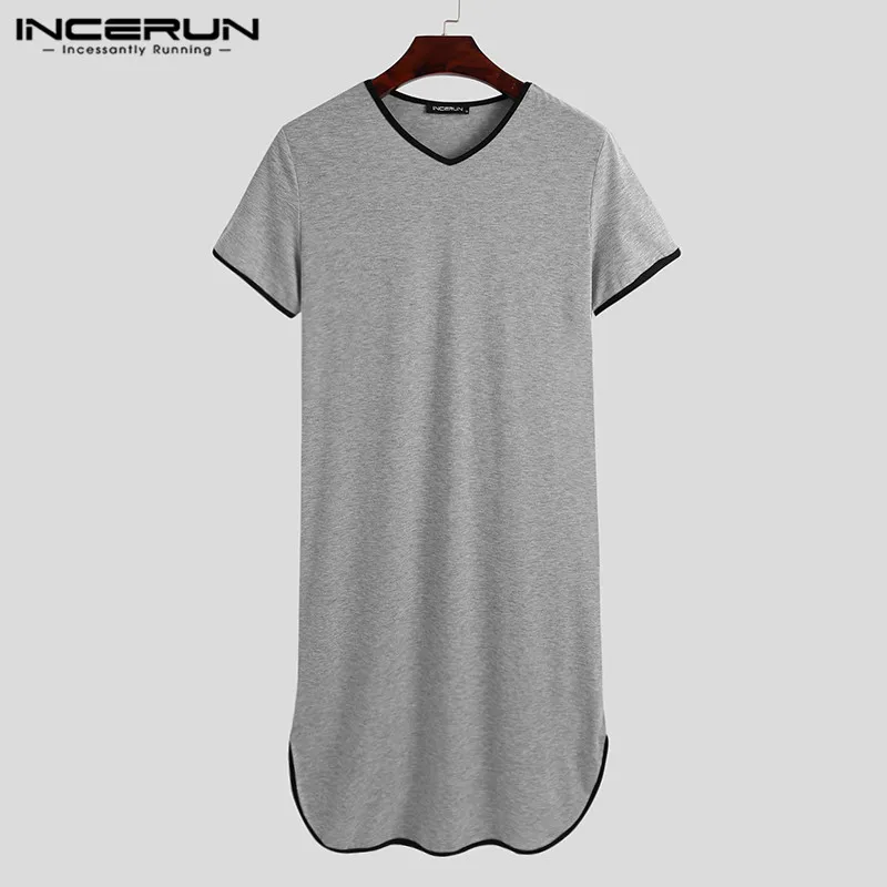 INCERUN Men Robes Homewear Patchwork 2025 V Neck Short Sleeve new Bathrobes 2023 Summer Cozy Men Nightgown Leisure Dressing Gown S-5XL